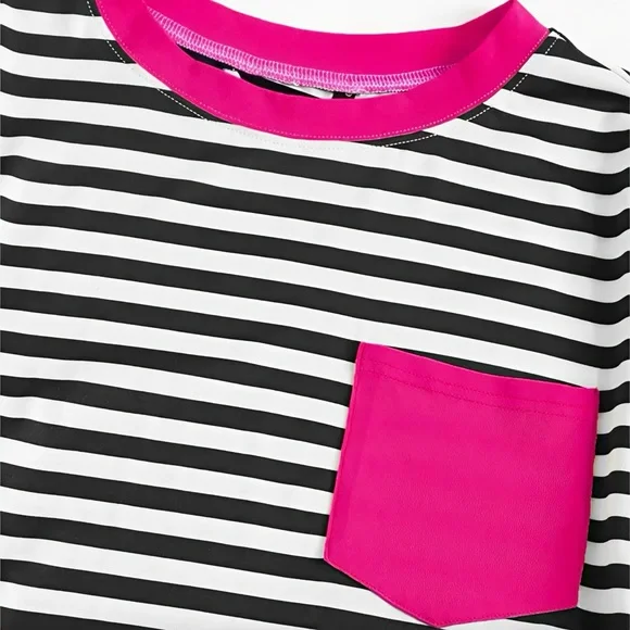 New Striped Hot Pink Patch Pocket Easy Wear Ringer Tee Shirt - Women’s Small (4) - Picture 5 of 5